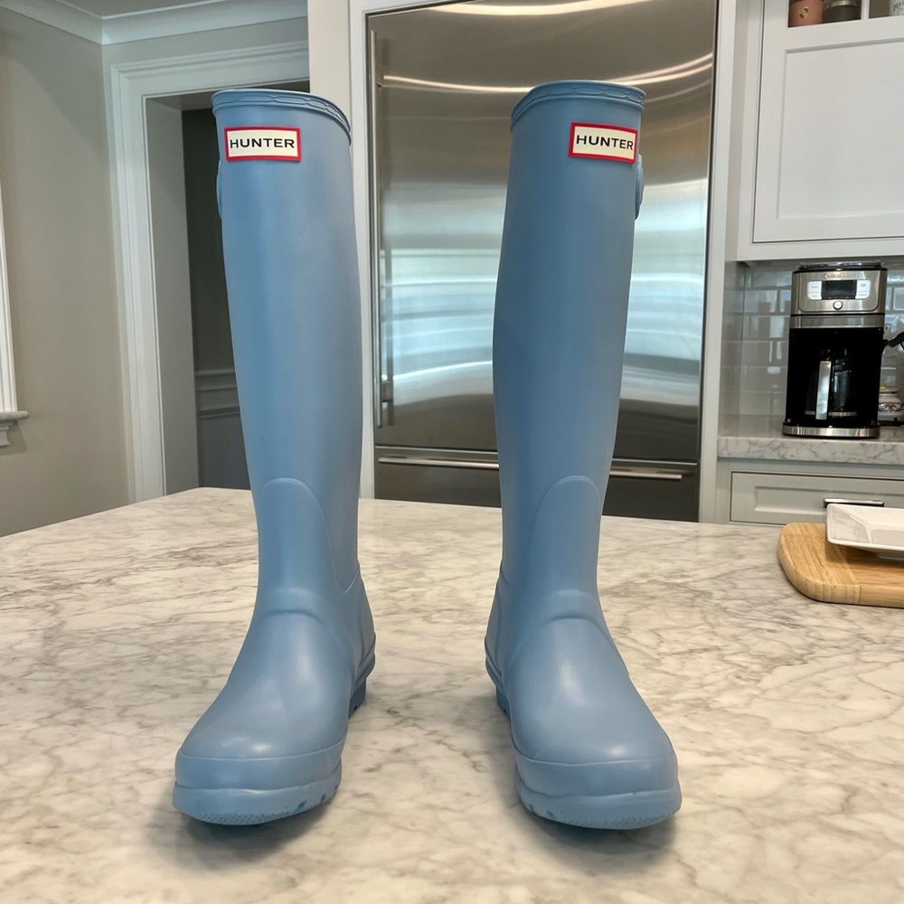 Like NEW Hunter light blue tall rain boots.